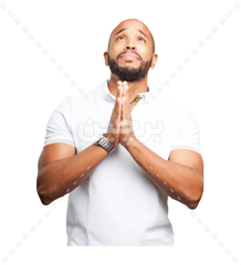 عکس دوربری شده مرد سیاهپوست کچل در حال دعا کردن و التماس کردن