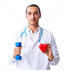 عکس آقای دکتر با یک دمبل و یک قلب پلاستیکی قرمز در دست