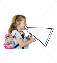 عکس دختر کوچک در حال فریاد زدن در شیپور کاغذی