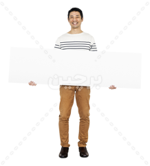 فایل لایه باز مرد جوان با یک بنر سفید در دست